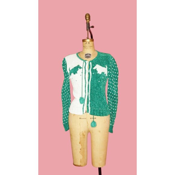 1980s EMMANUELLE KHANH Chenille. Green and White. Scottie DOG. Kitsch Pom-pom Bu - Picture 2 of 10